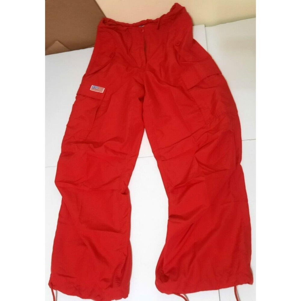 UFO Mens XS Drawstring Parachute Polyester Cargo Pants Lightweight Y2k Red Zip